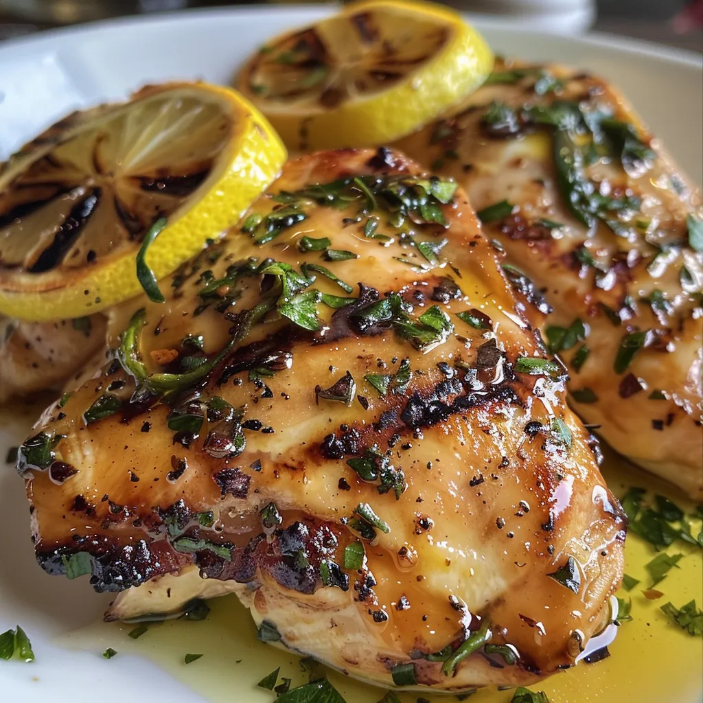Pechugas de pollo jugosas y doradas, con hierbas frescas.