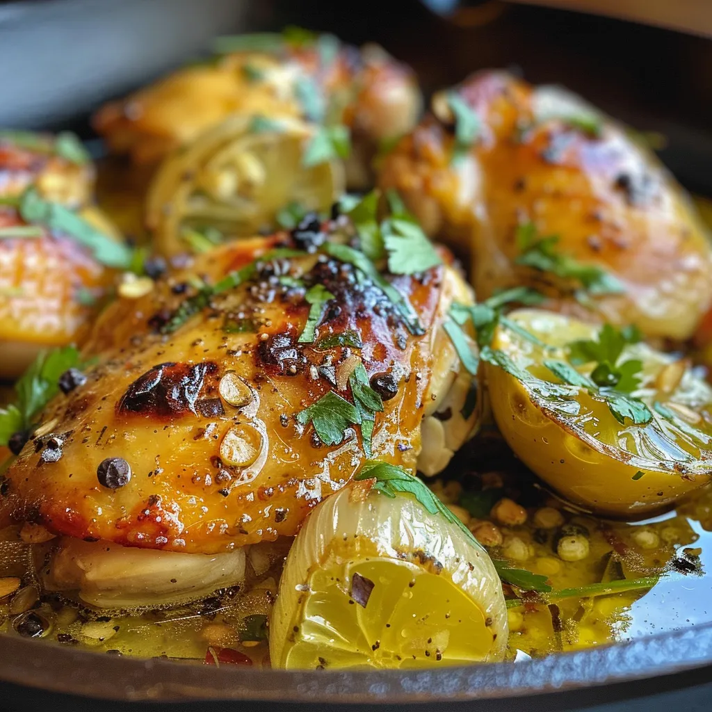 Trocitos de pollo al ajillo en un plato, con yogur y hierbas frescas.
