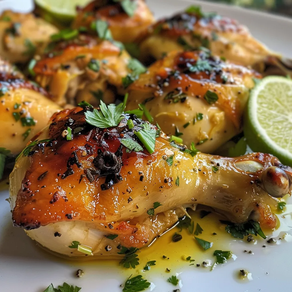 Close-up de Pollo al ajillo servido con una salsa de yogur y limón.