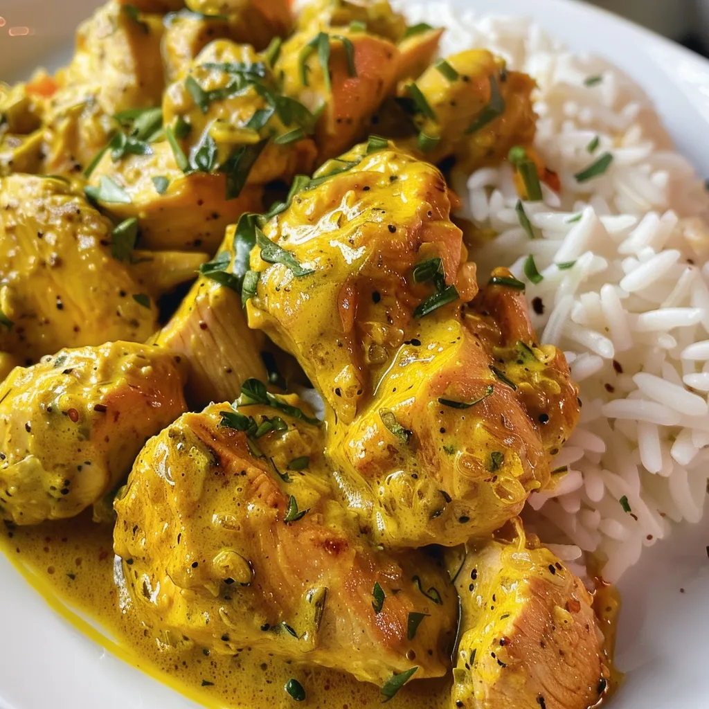 Plato de Pollo al curry con arroz basmati, visto de lado.