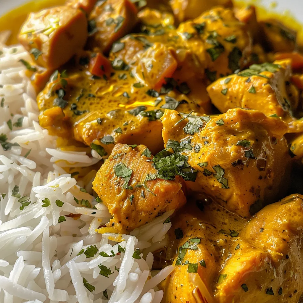 Close-up de Pollo al curry y arroz basmati en un plato hondo.