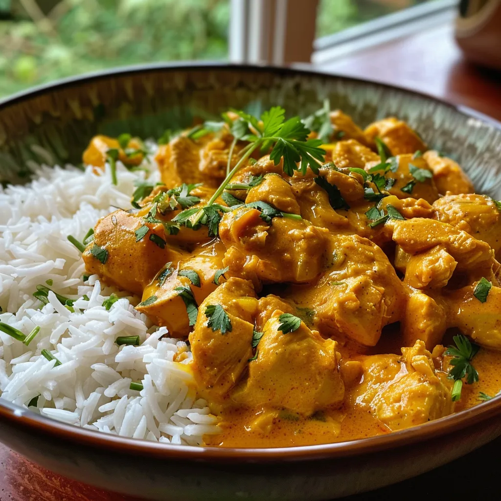 Tazón de Pollo al curry con leche de coco y arroz basmati.