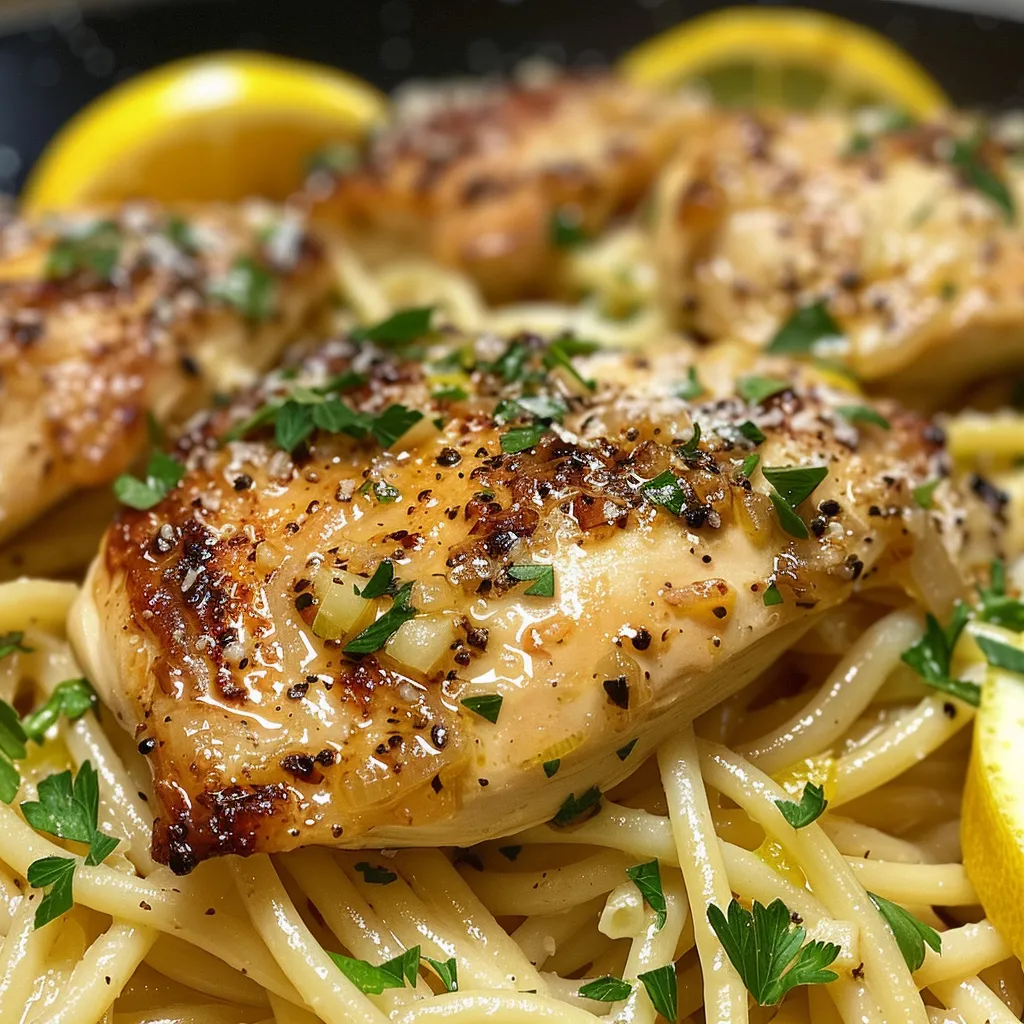 Placa de pollo al limón servido sobre espaguetis con salsa cremosa.