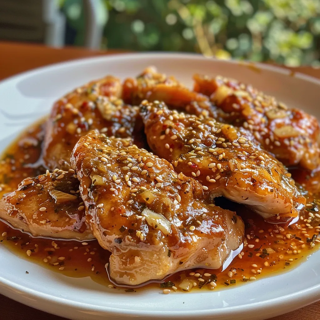 Pollo al sésamo jugoso con salsa, servido en un plato.