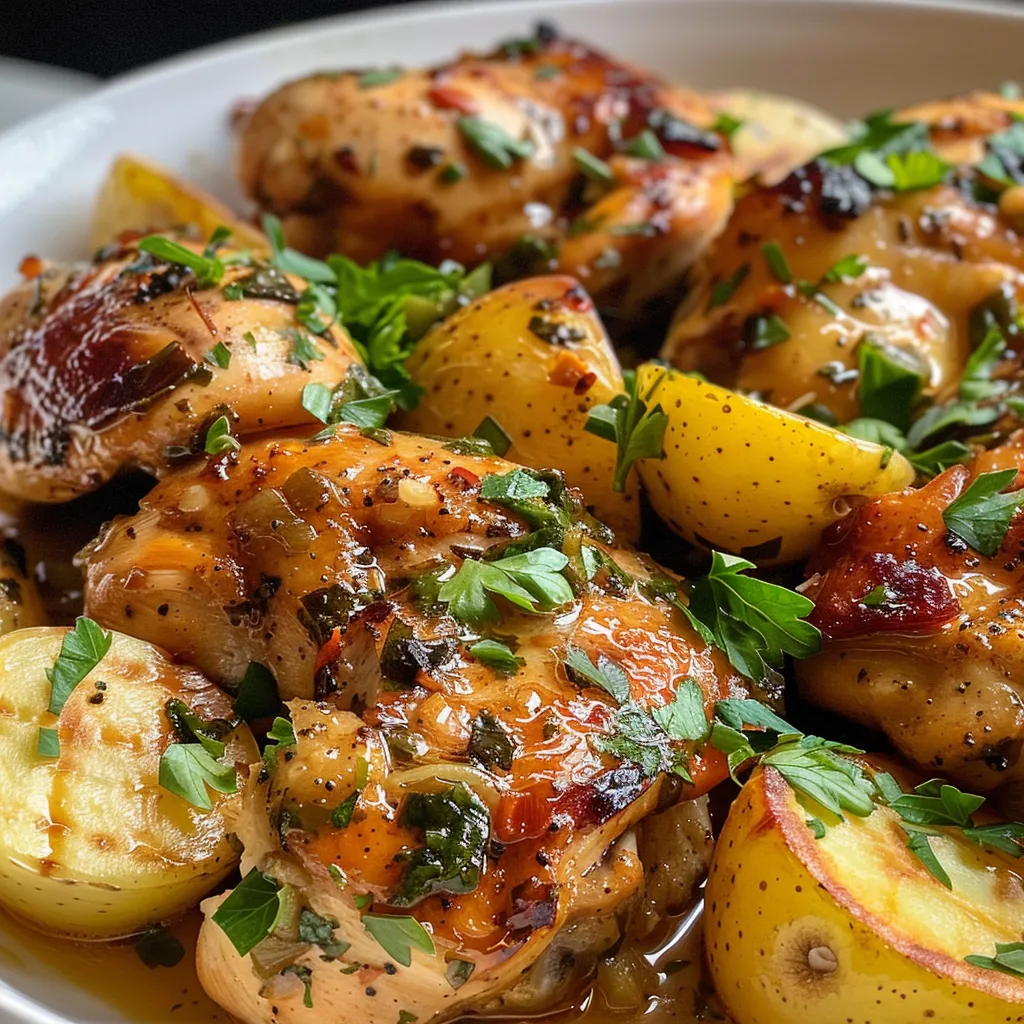 Muslos de pollo asado con papas y cebolla al lado.