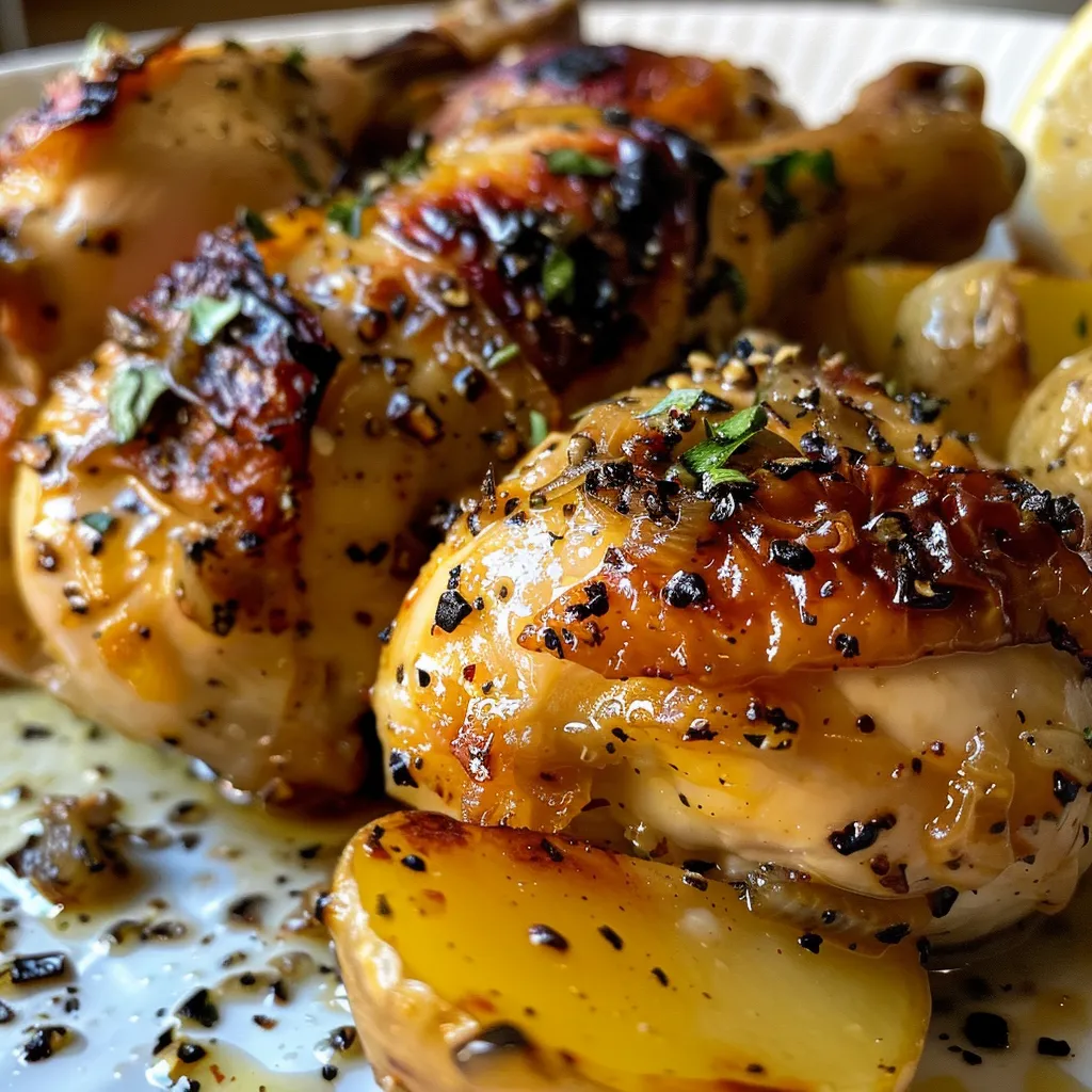 Plato de pollo asado a la provenzal con papas doradas.