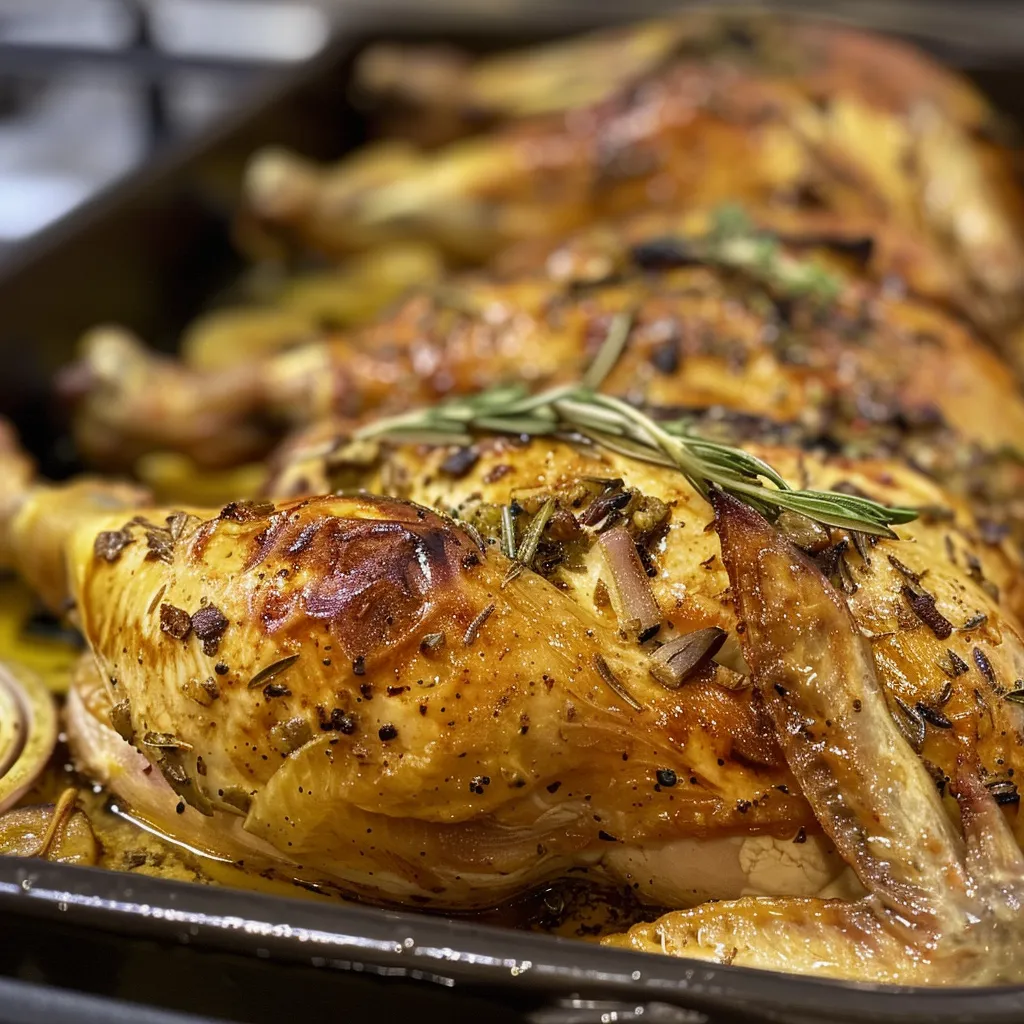 Vista lateral de un Pollo Asado crujiente en freidora de aire.