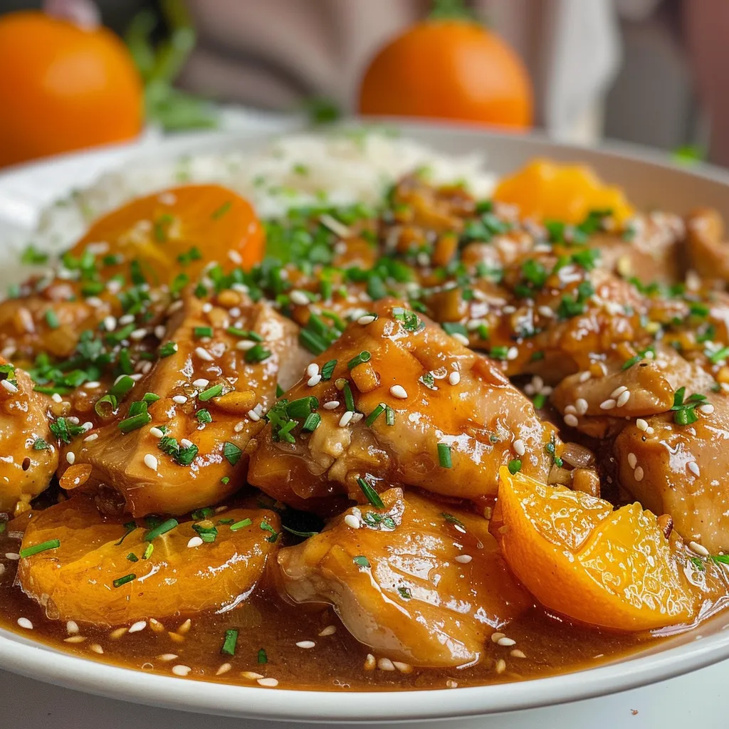 Platos de pollo chino a la naranja, jugoso y brillante, visto de lado.