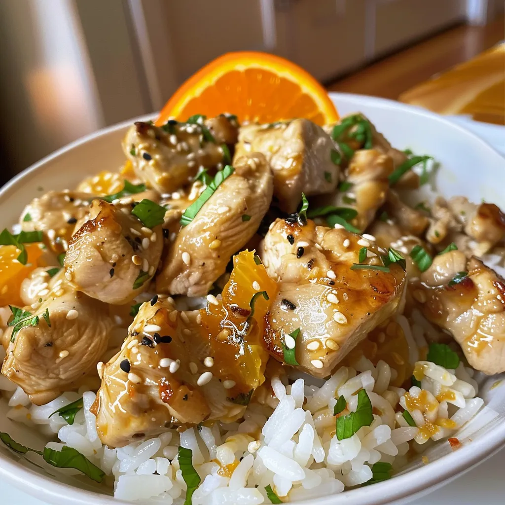 Porción de pollo a la naranja servido en un plato, con salsa dorada.
