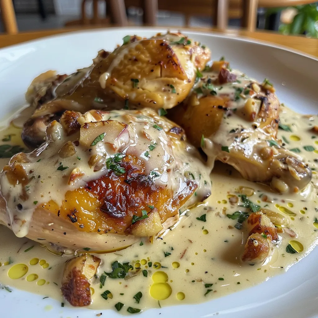 Pechugas de pollo en crema de almendras, decoradas con almendras laminadas y perejil.