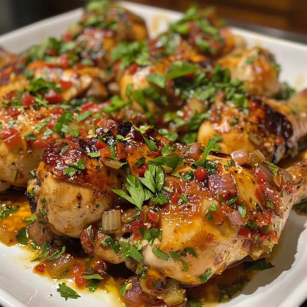 Close-up view of Pollo con salsa de tomate deshidratado on a white plate.