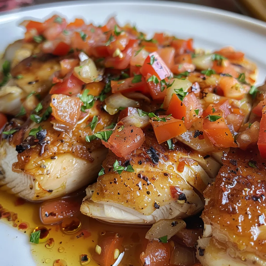 Juicy chicken breast topped with sun-dried tomato sauce served with herbs.
