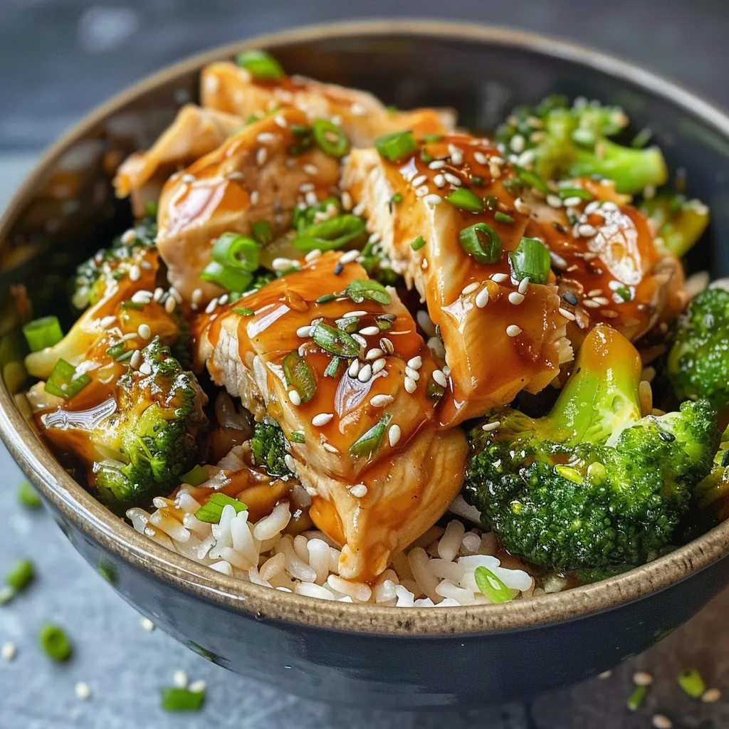 Pollo con salsa teriyaki servido con brócoli y arroz, capturado en primer plano.