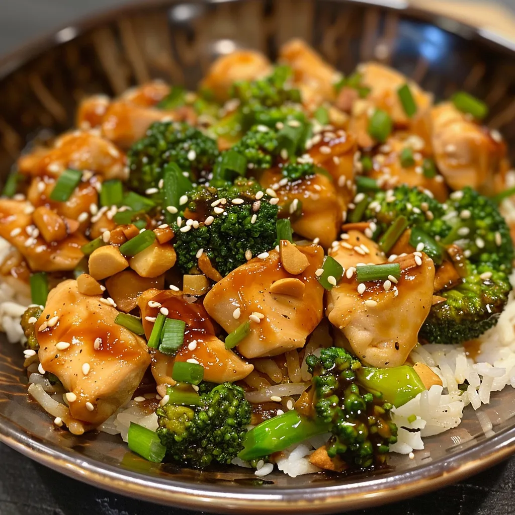 Vista lateral de un plato de pollo teriyaki, acompañado de arroz largo y brotes de brócoli.