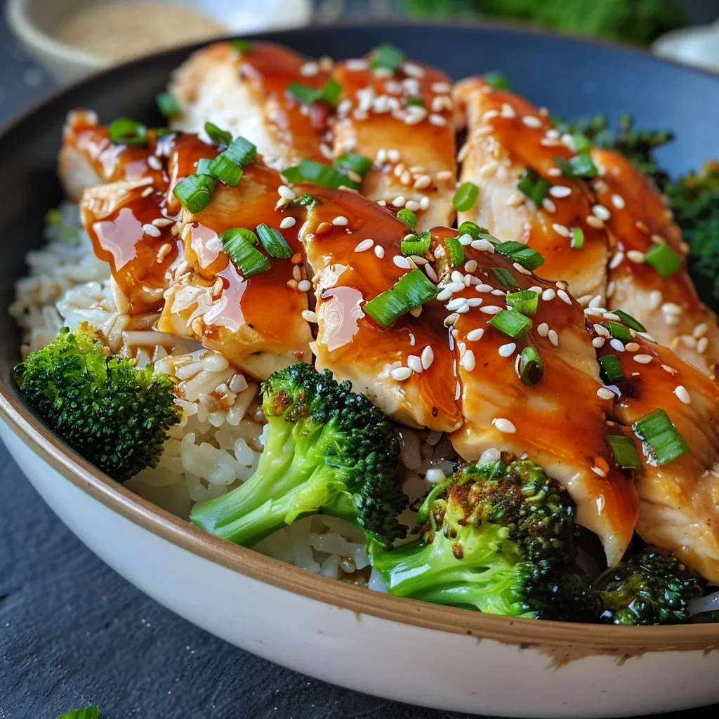 Pollo con salsa teriyaki casera servido con arroz y brócoli al vapor.