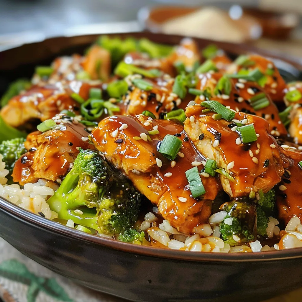 Primer plano de un plato de pollo teriyaki acompañado de arroz y brócoli.