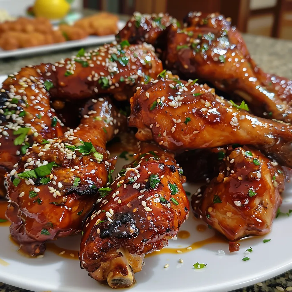 Pechugas de pollo crujientes con salsa de miel y sésamo.