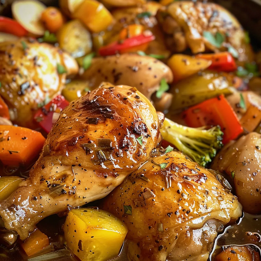Muslos de pollo jugosos con verduras al vapor en un plato.
