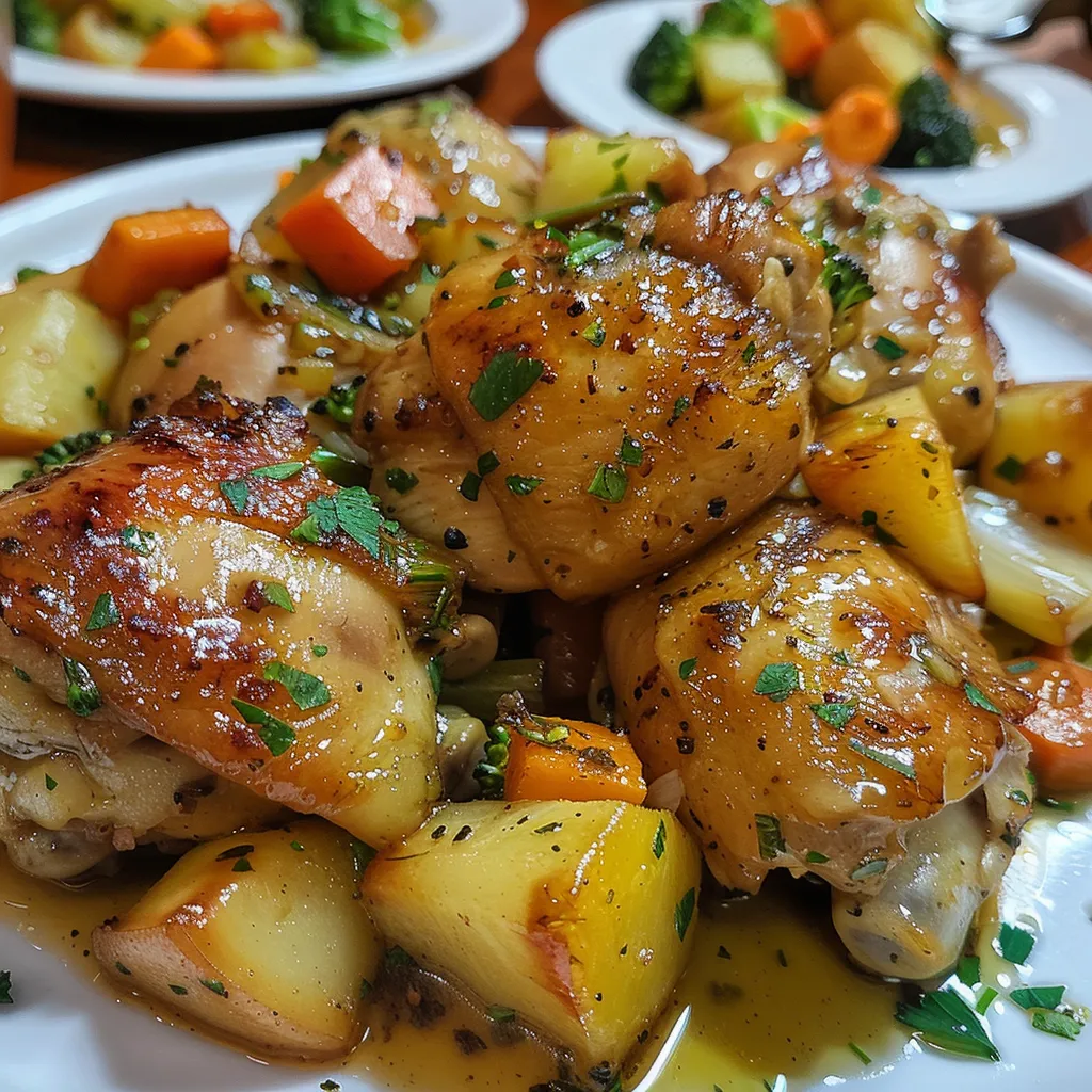 Pollo con zanahorias, calabazas, ejotes y brócoli en una comida colorida.
