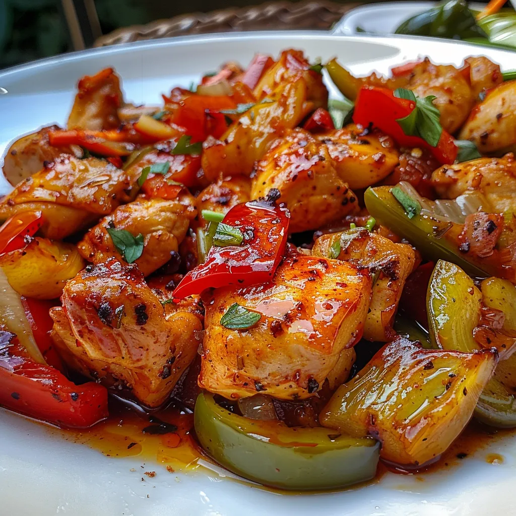 Plato de pollo con zanahorias y pimientos en una salsa brillante.