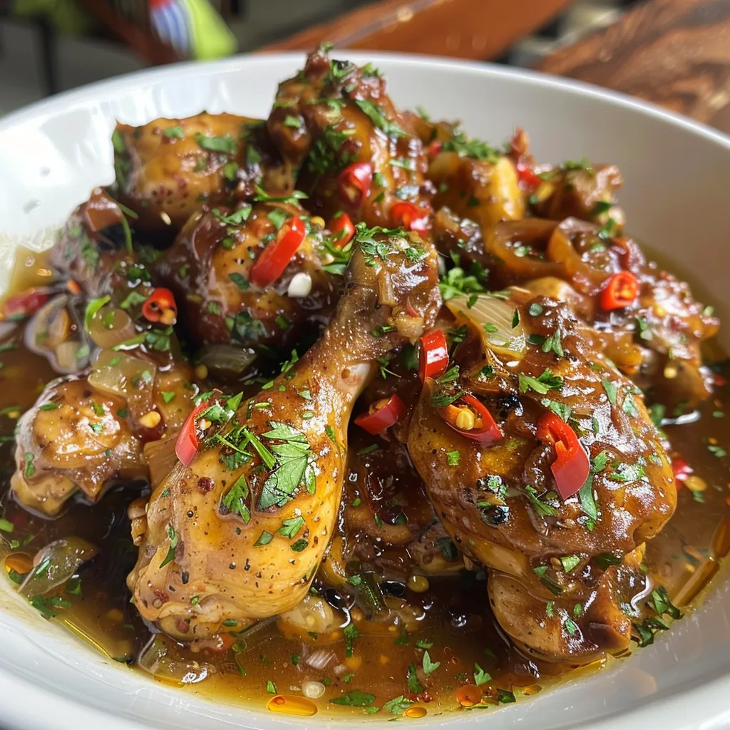 Pollo en adobo de chiles con guarnición de papas cambray.