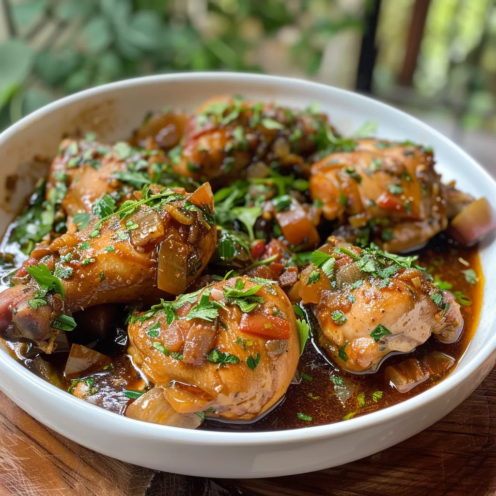 Primer plano de muslos de pollo cocidos en adobo con chiles.