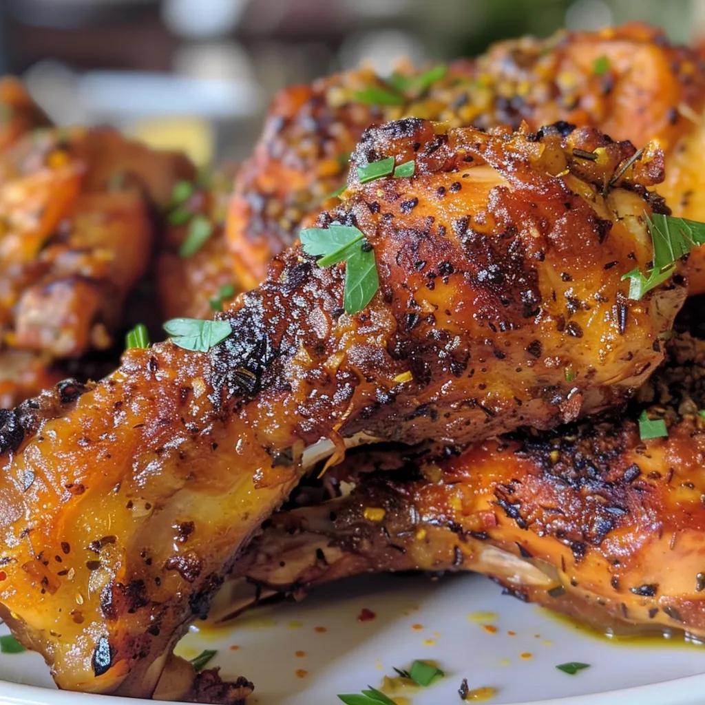 Pollo frito al horno dorado y jugoso en primer plano, con hierbas y especias.