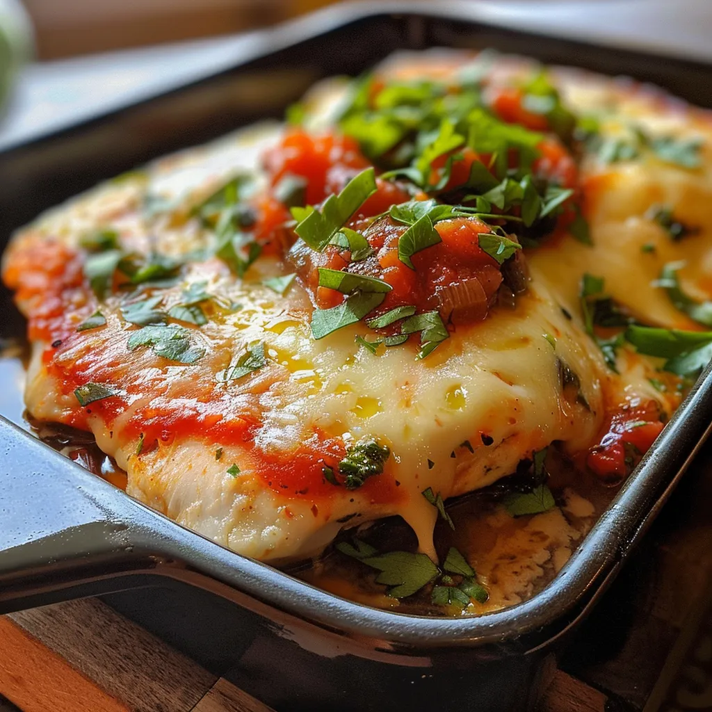 Pollo gratinado con salsa roja, jugoso y con queso derretido, visto de lado.