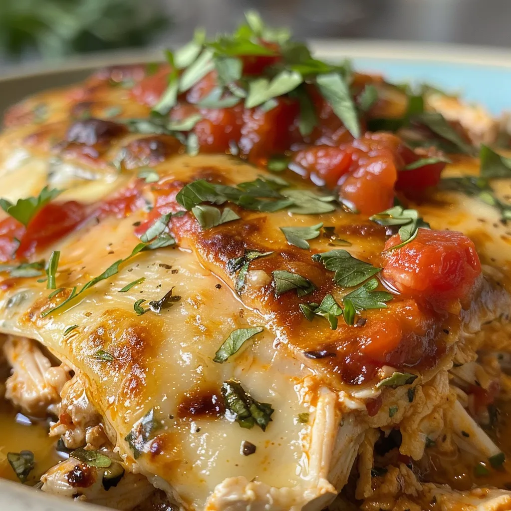 Close up de un plato de pollo gratinado cubierto con salsa de tomate y queso.