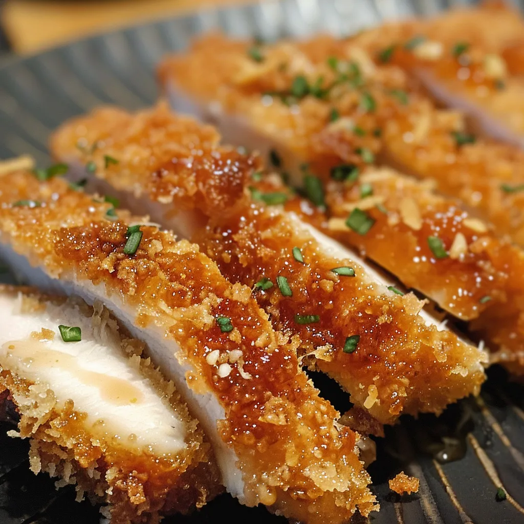 Pollo katsu crujiente al horno en un plato, mostrando una textura dorada y jugosa.