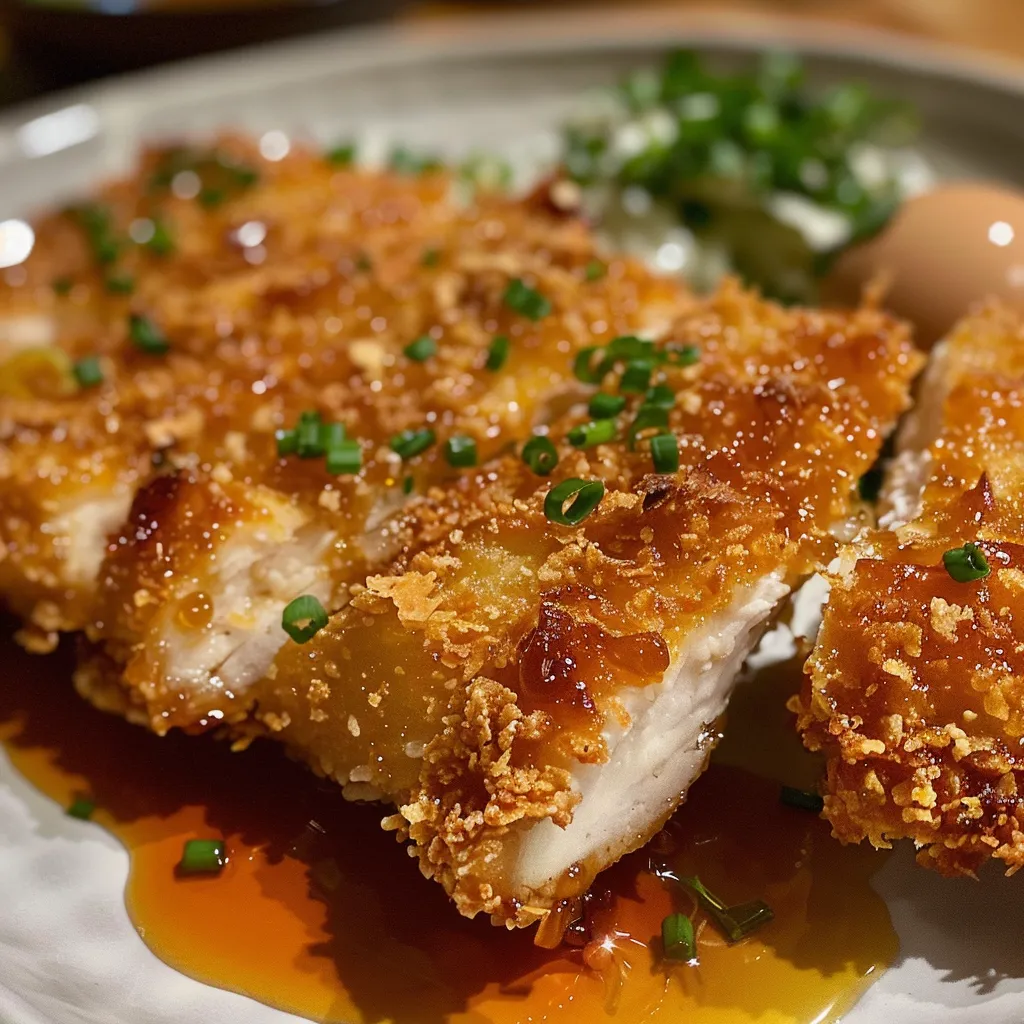 Primer plano de un filete de pollo katsu con panko, con salsa tonkatsu al lado.