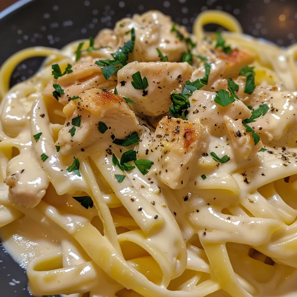 Primer plano de Pollo limón pasta cremosa con trozos de pechuga de pollo y hierbas frescas.