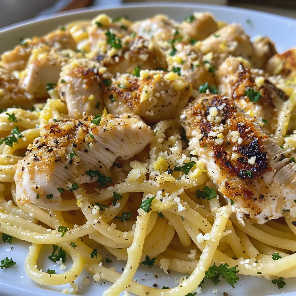 Pasta cremosa de Pollo limón con linguini, queso parmesano y decoración de perejil.