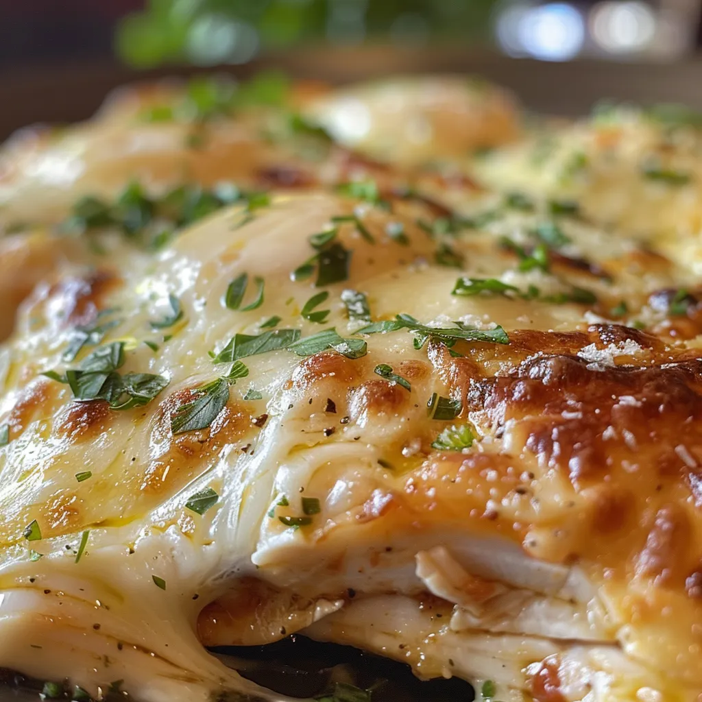 Pechugas de pollo cubiertas de queso parmesano y mozzarella, horneadas con salsa de tomate.