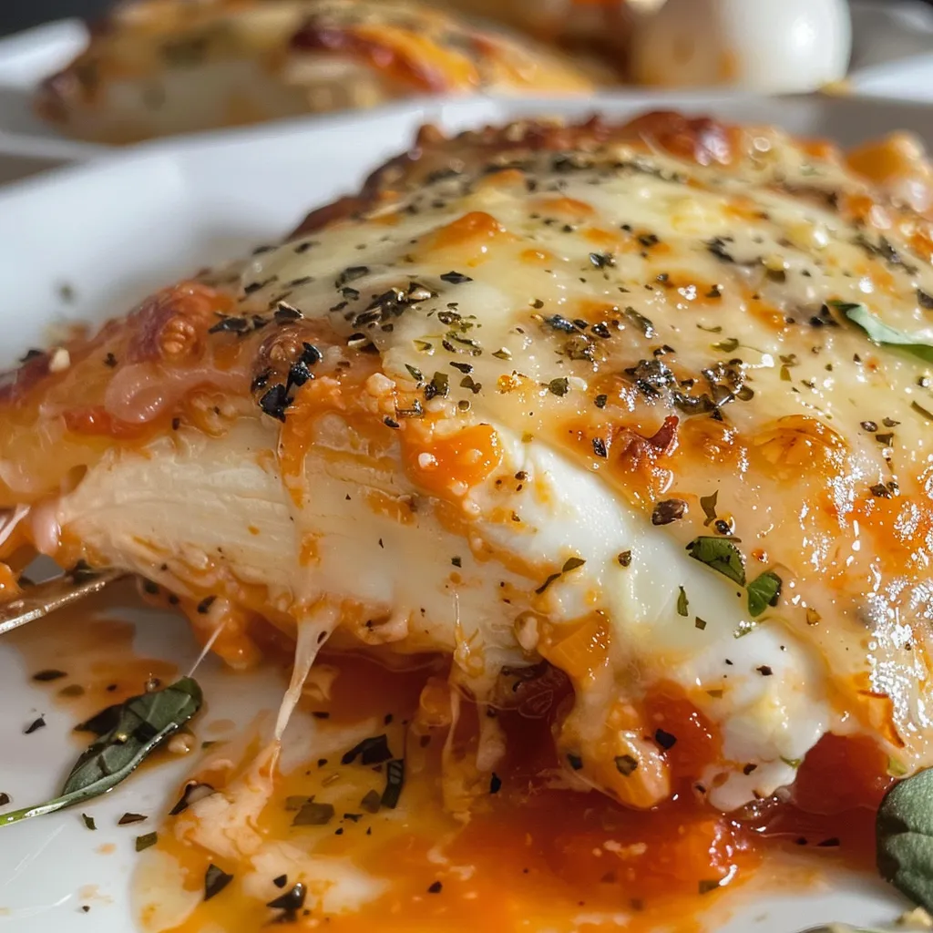Plato de Pollo Parmesano al Horno con capas de queso derretido y salsa roja.