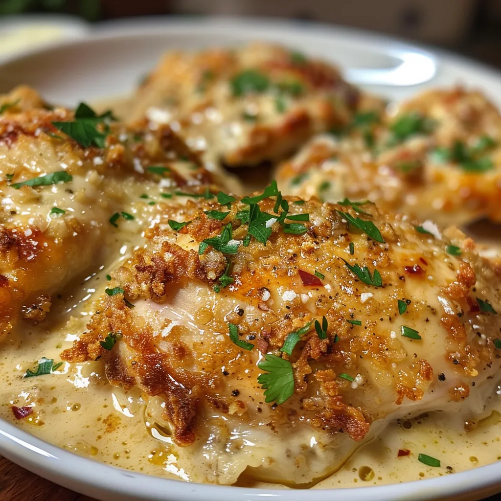 Pechugas de pollo empanizadas con queso parmesano, vistas de lado.