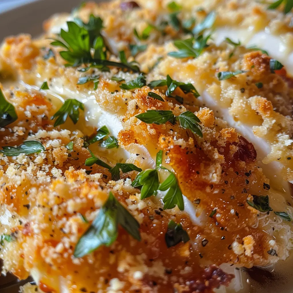 Placa de Pollo Parmesano Cremoso con salsa y queso derretido.