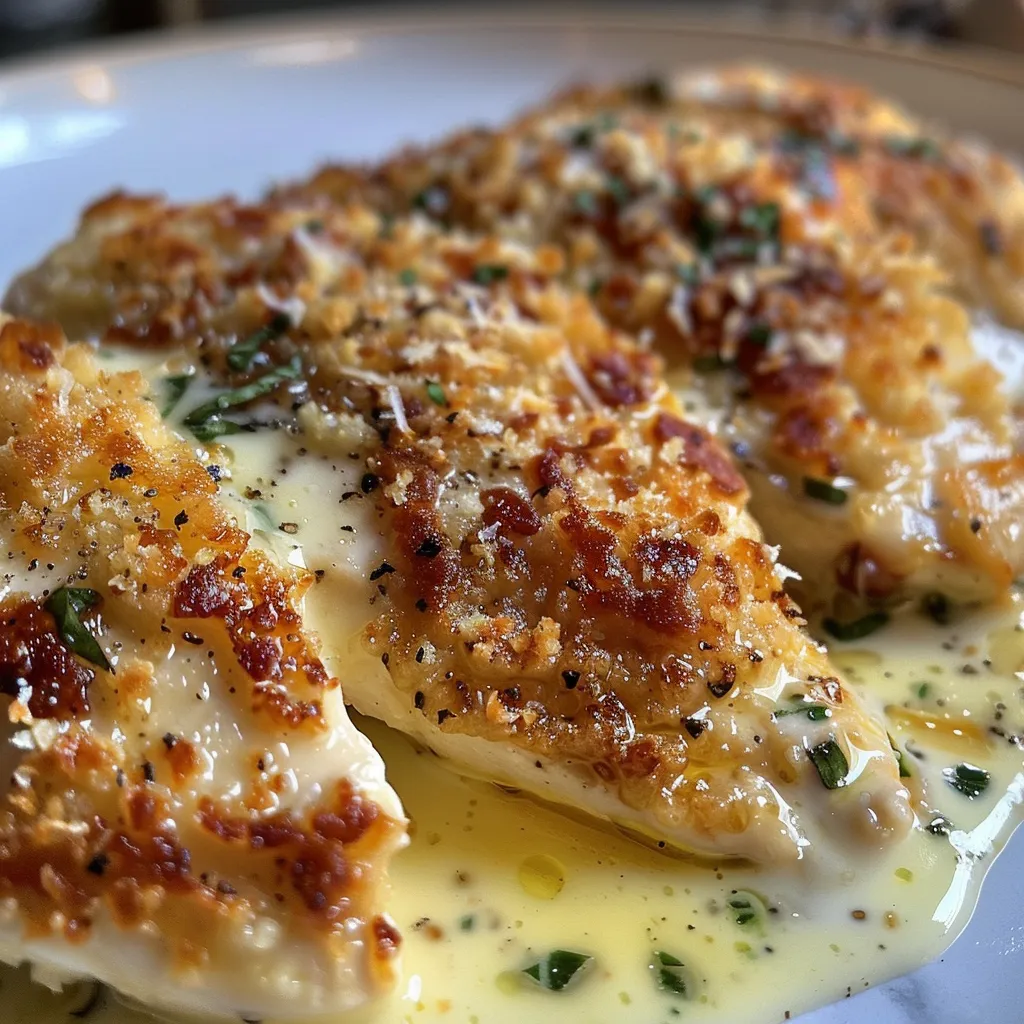 Pollo empanizado y dorado con queso parmesano en un plato.