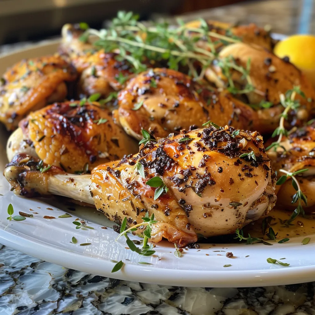Primer plano de pechugas de pollo con hierbas y papitas cambray.