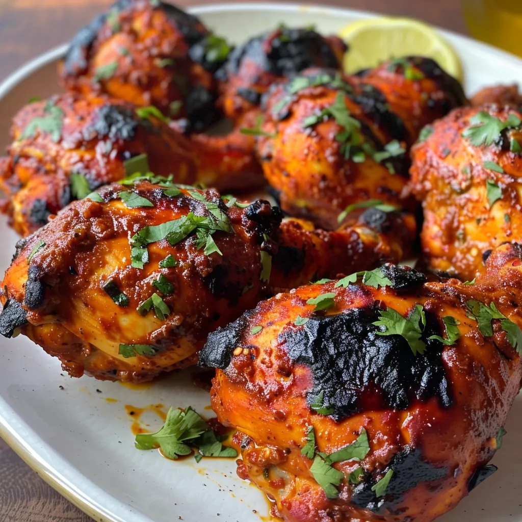 Primer plano de pollo tandoori jugoso en un plato.