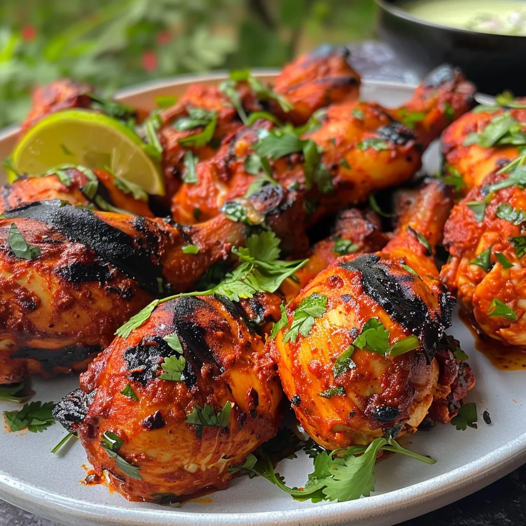 Primer plano de Pollo Tandoori con especias y decoración de cilantro.