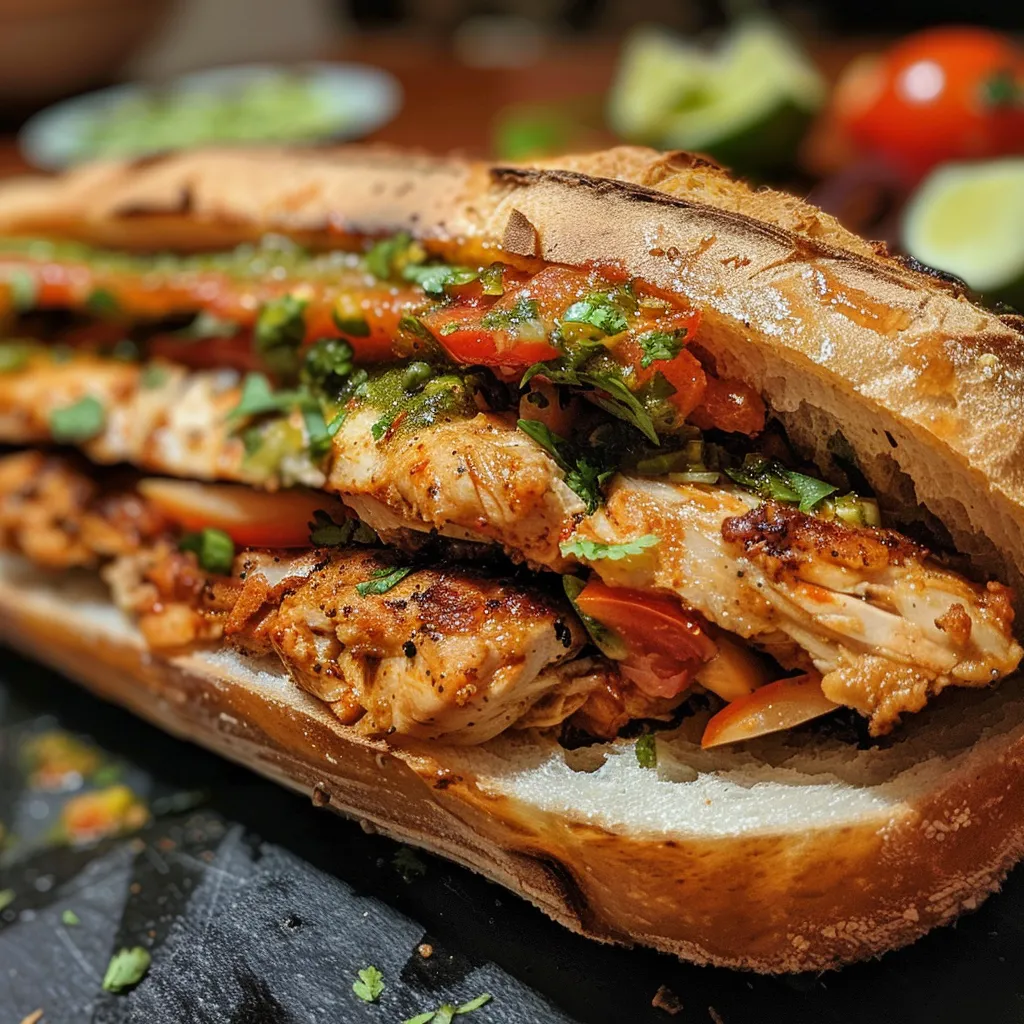 Vista lateral de un Sandwich de Pollo jugoso, con vegetales coloridos y pan artesanal.