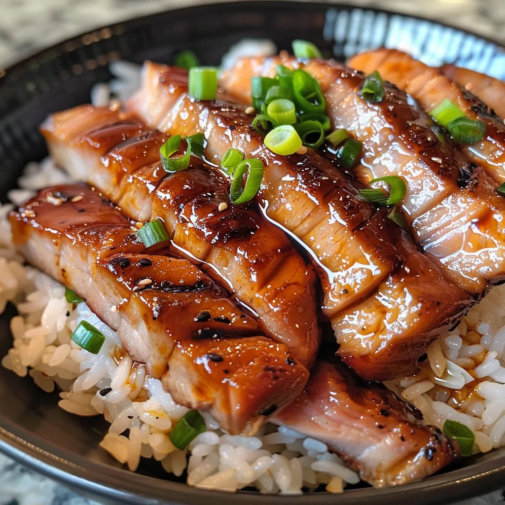 Imagen de un plato de Teriyaki Casero, mostrando la textura jugosa de la carne.