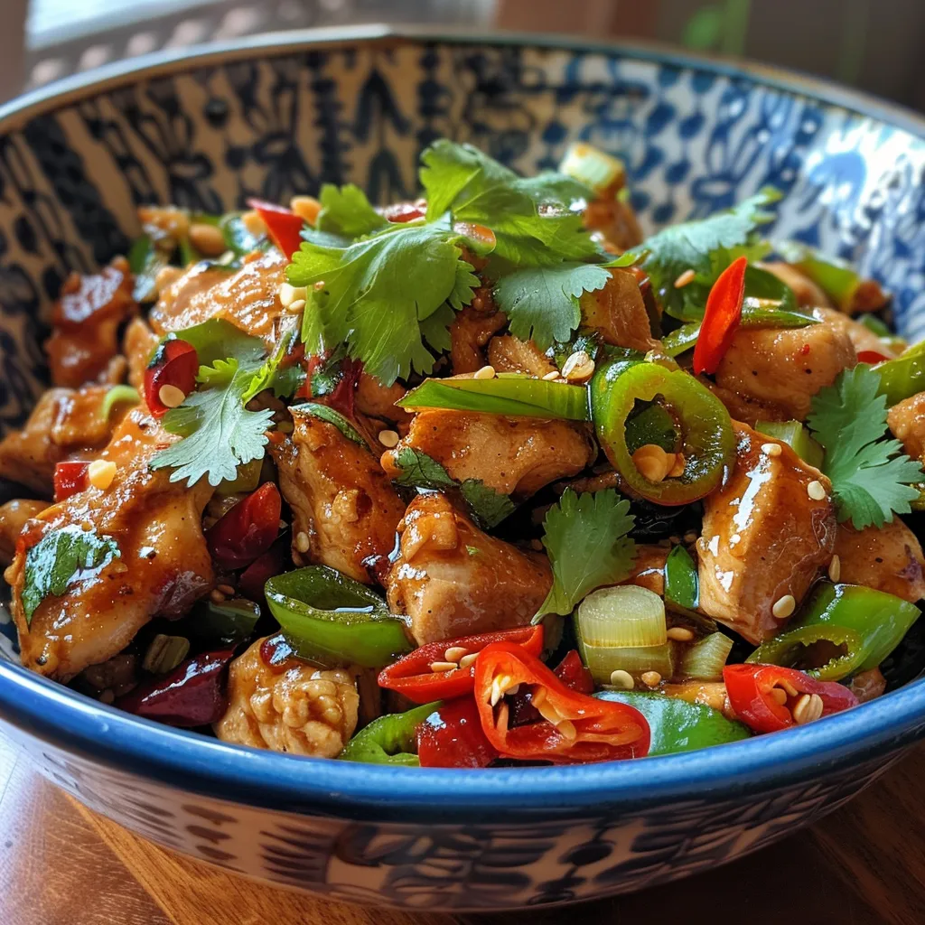 Primer plano de un salteado de pollo con pimientos en un wok.