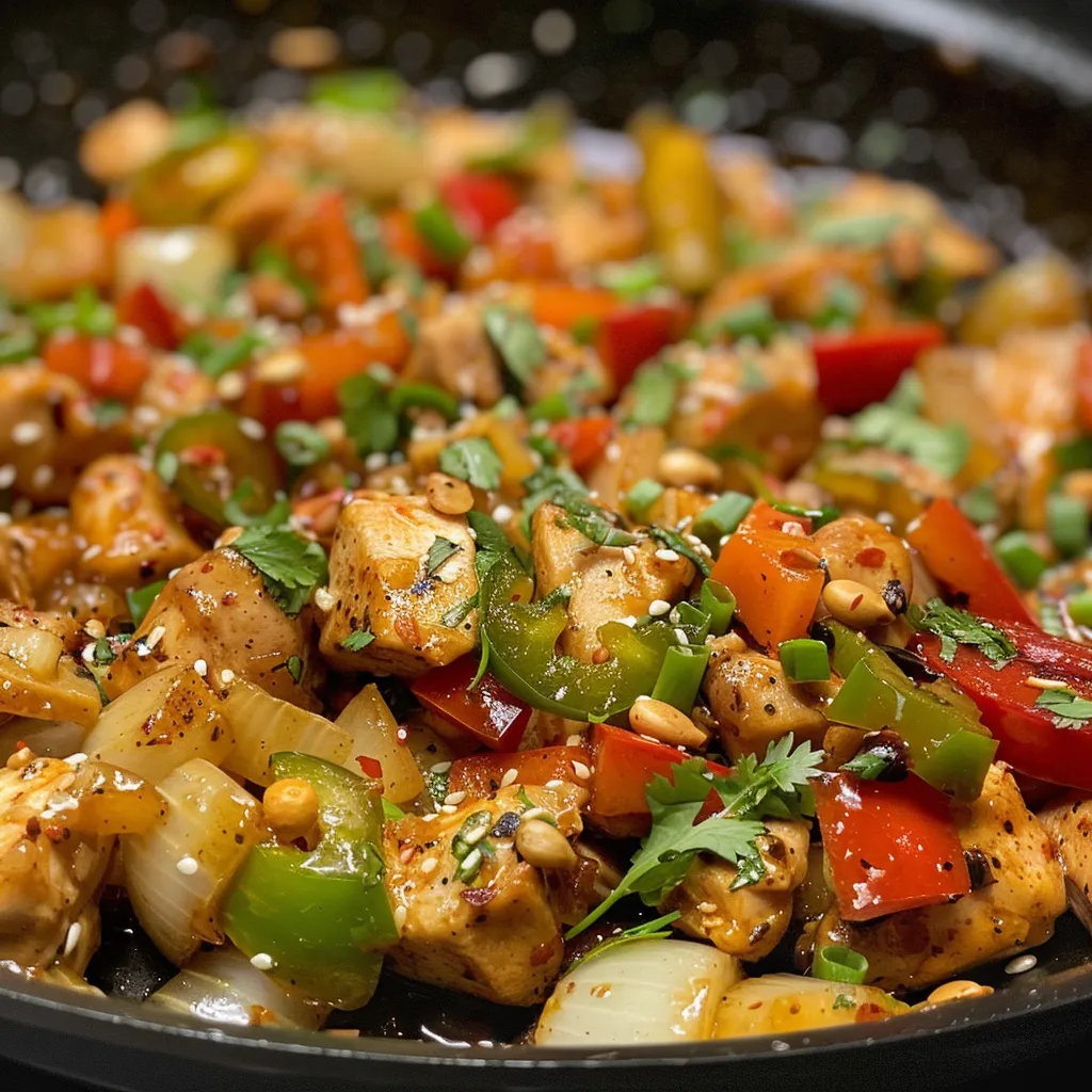 Vista lateral de un delicioso plato de Wok de Pollo con Pimientos.