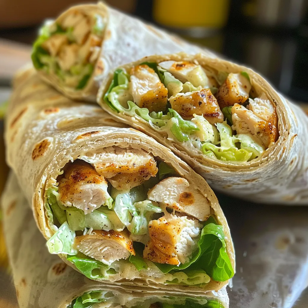 Primer plano de un Wrap de Ensalada César con Pollo, mostrando ingredientes frescos.