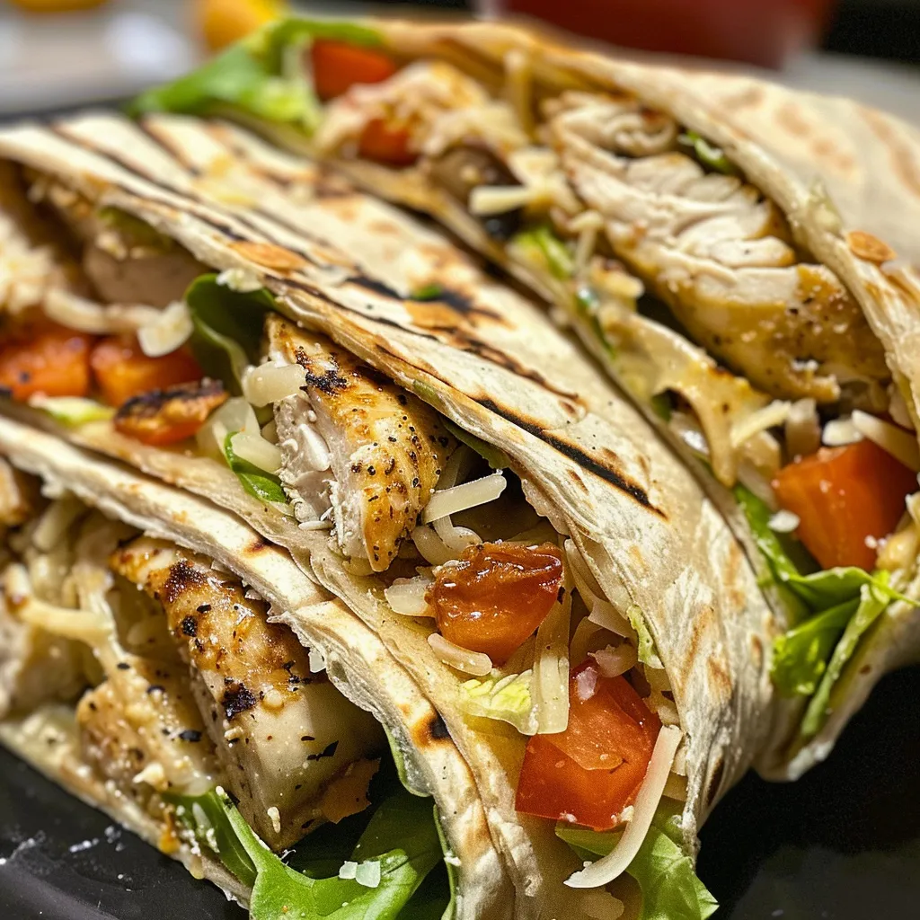 Vista lateral de un Wrap de pollo con lechuga y queso parmesano.