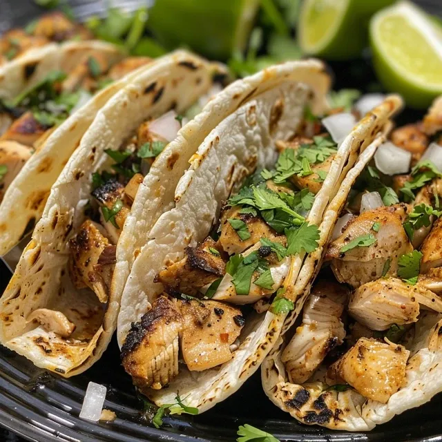 Tacos de Pollo Asado jugosos con cilantro y cebolla en tortillas.