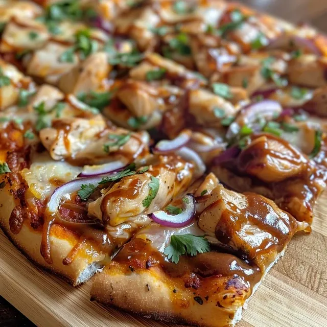 Pizza de Pollo a la Barbacoa con pollo suculento y queso derretido.