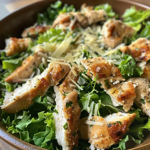 Ensalada César de Pollo en un plato, con pollo jugoso y lechuga fresca.